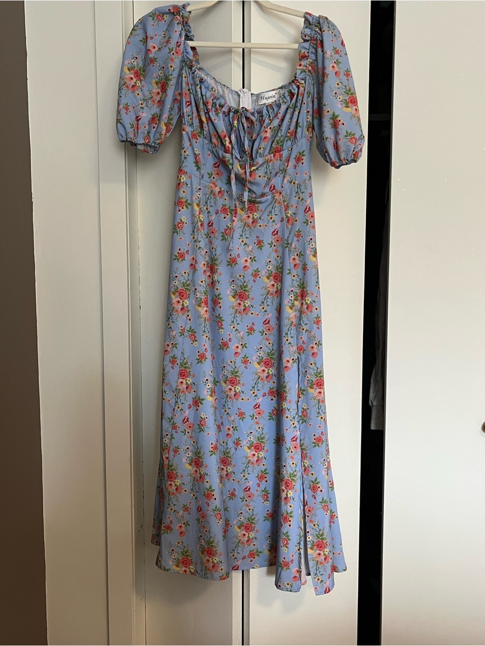 Amazon Light Blue Floral Puff-Sleeve Midi Dress